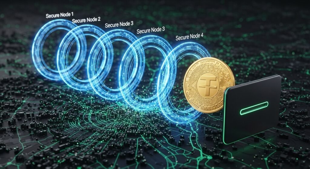 개인 지갑을 통해 테더(USDT)가 엑시트벳으로 안전하게 이동하는 익명 전송 경로 시각화.