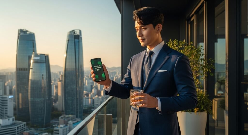 엑시트벳 테더 정산을 통해 자산 리스크를 해결하고 테헤란로의 여유를 즐기는 자산가.